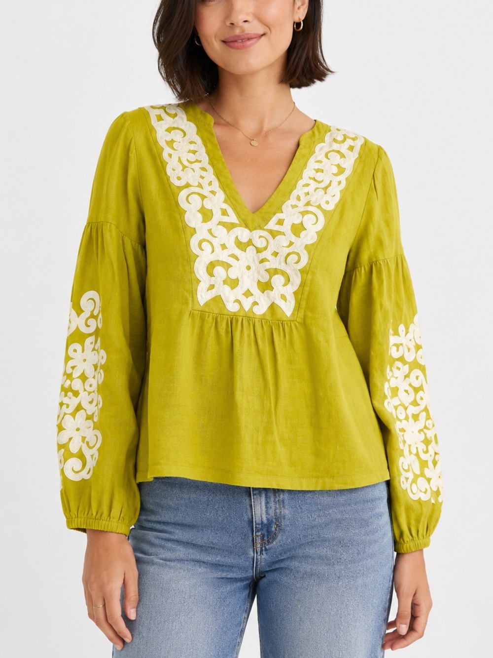 Boden  Lime Yellow Green White Embroidered Boho Peasant Blouse Long Sleeve Top 8